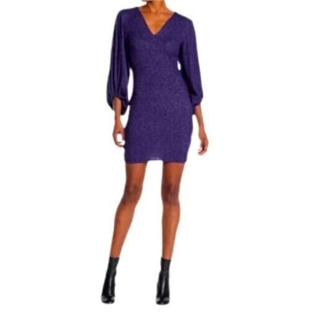 Max + Ash Women's V-Neck Balloon‎ Sleeve Knit Mini Dress In Navy White Large $88